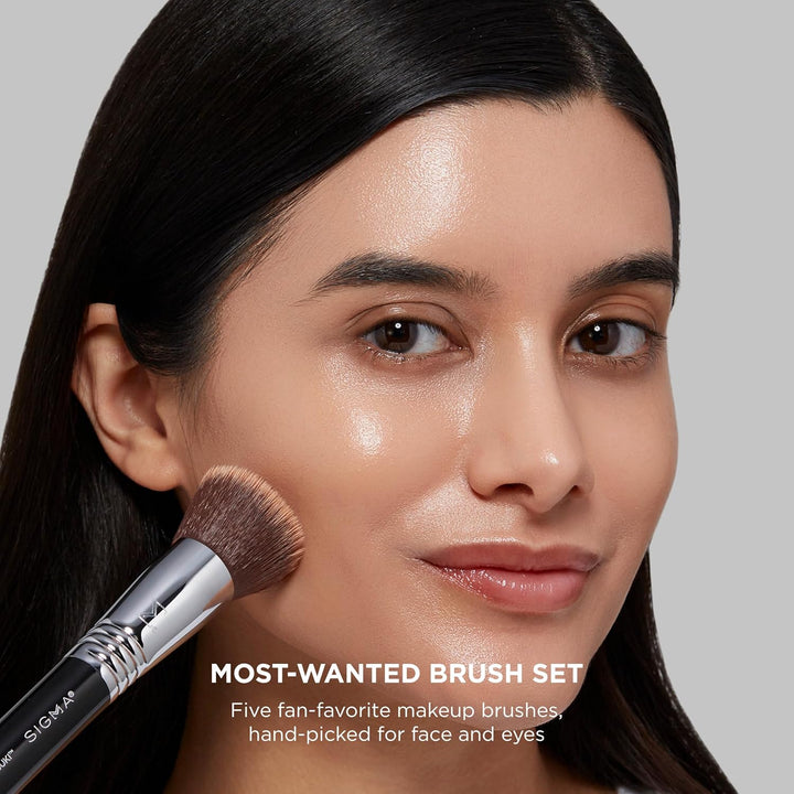 Sigma Beauty Most-Wanted Brush Set - 5-Pc Premium Face &amp; Eye Makeup Brushes SigmaTech Synthetic Fibers With Waterproof Handles For Liquid, Cream and Powder Application Plus Durable SigmaAlloy Ferrules