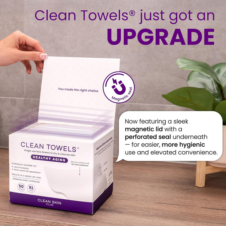 CLEAN SKIN CLUB Healthy Aging Clean Towels® XL, Smooths Fine Lines Wrinkles &amp; Texture, Disposable Face Dry Wipes, XL - 1 Pack (50 count)