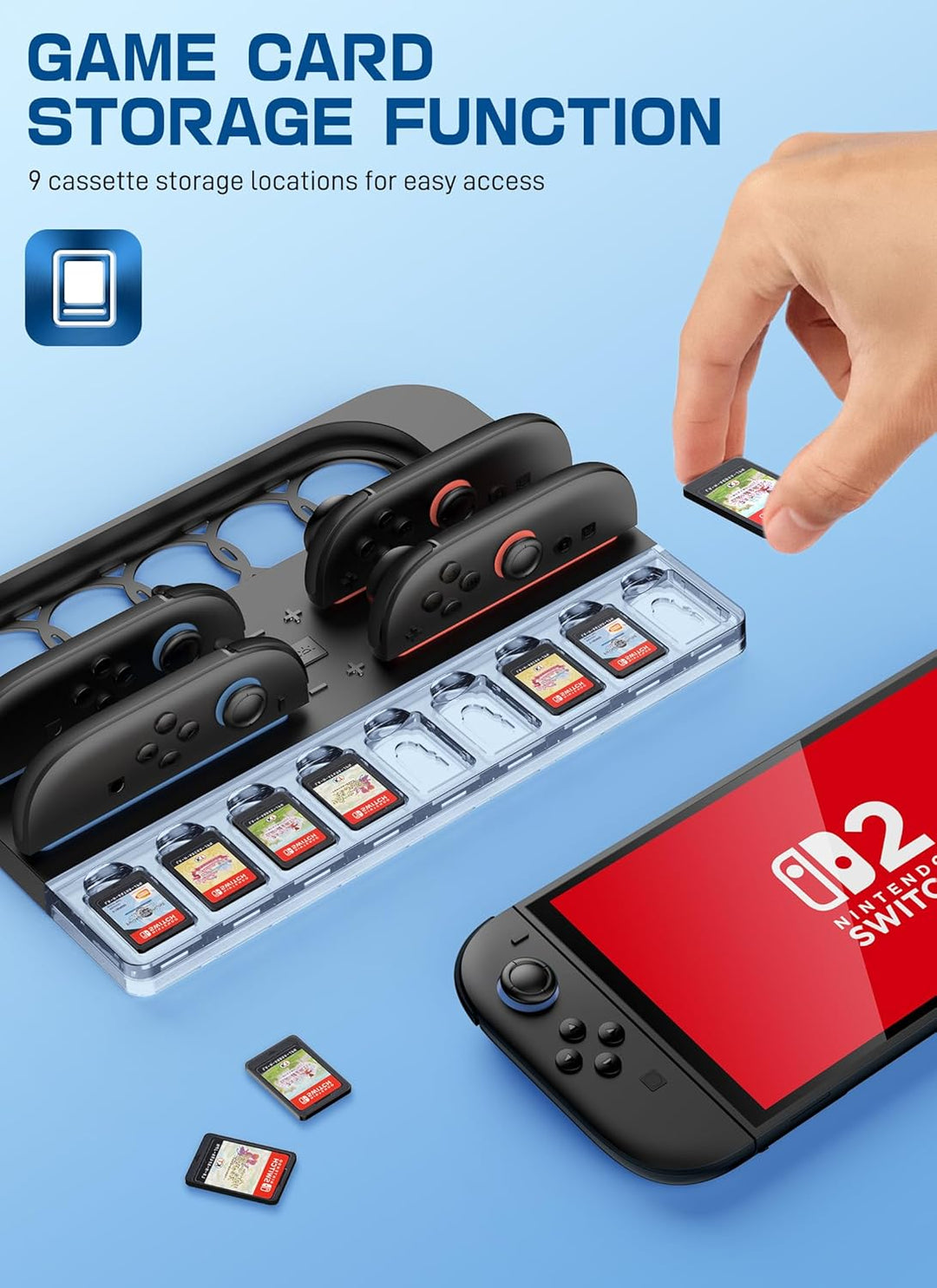 i-Blason Charging Dock Storage Base for Nintendo Switch 2 JoyCon Controllers [9 Game Card Slots] [Ambient Lighting] All-in-one Charging Station Storage Stand Organizer with USB Charging Cable