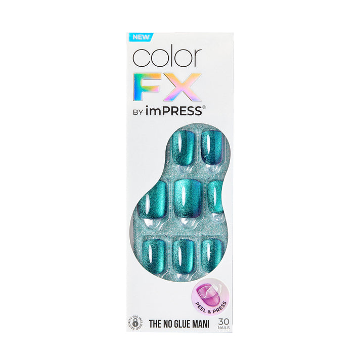 KISS colorFX by imPRESS Press On Nails , ‘Reconnect’, Solid Blue with Pearlescent Finish, Short Oval, New &amp; Improved Adhesive, Includes 30 Fake Nails, Prep Pad, 1 Manicure Stick, 1 Mini Nail File
