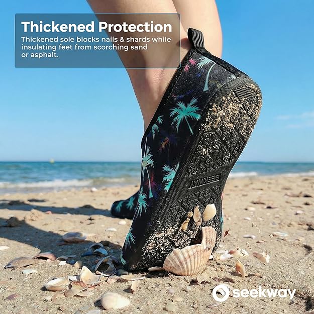 SEEKWAY Water Shoes Women Men Adult Quick-Dry Aqua Socks Barefoot Non Slip for Beach Swim River Pool Lake surf Black 2e-1302 Coconut Tree