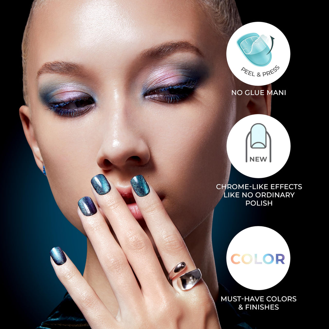 KISS colorFX by imPRESS Press On Nails , ‘Reconnect’, Solid Blue with Pearlescent Finish, Short Oval, New &amp; Improved Adhesive, Includes 30 Fake Nails, Prep Pad, 1 Manicure Stick, 1 Mini Nail File