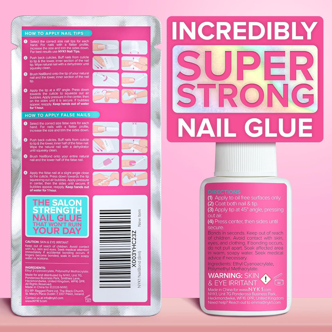 NYK1 Super Strong Nail Glue for Press On Nails, Nail Tips &amp; Acrylic Nails (8ml) NYK1 NailBond Brush On Glue for Press Ons, Tips &amp; Acrylics - Long Lasting, Maximum Strength, Mess-Free Application