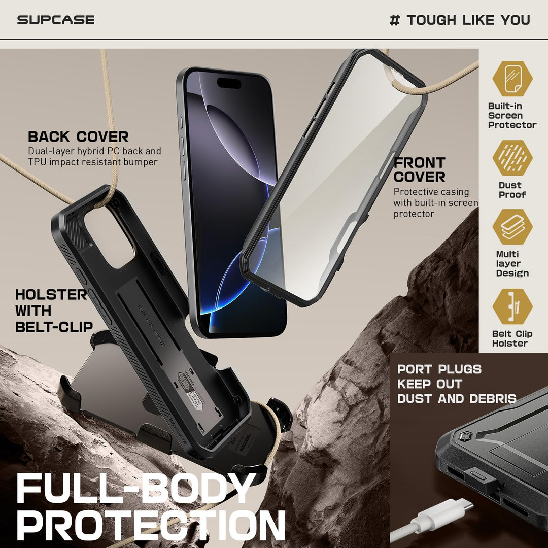 SUPCASE for iPhone 16 Pro Case with Screen Protector (Unicorn Beetle Pro), [Built-in Stand & Belt-Clip] [Military-Grade Protection] Full Body Heavy Duty Phone Case for iPhone 6.3 Inch 2024