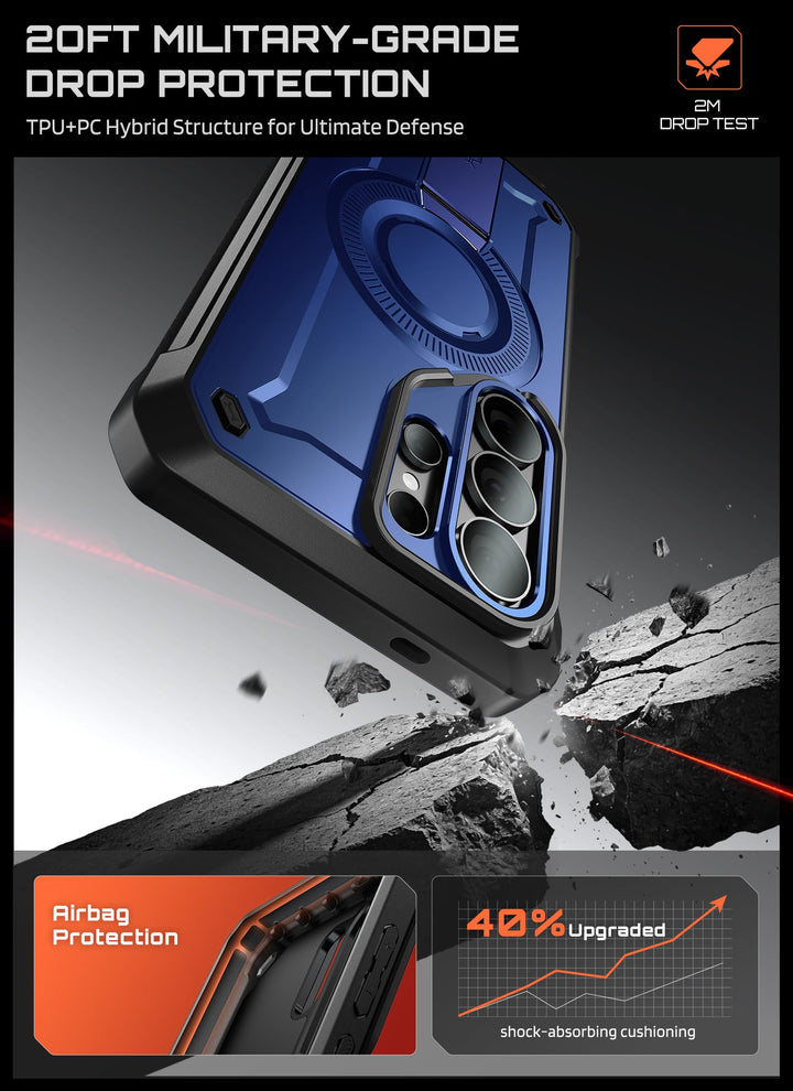 حافظة SUPCASE لسلسلة Samsung Galaxy S26 مزودة بحامل مدمج، وحماية بمعيار عسكري، ومتوافقة مع MagSafe، ومشبك حزام قابل للفصل، وواقي شاشة وإطار أمامي مدمجين، UBPro Mag