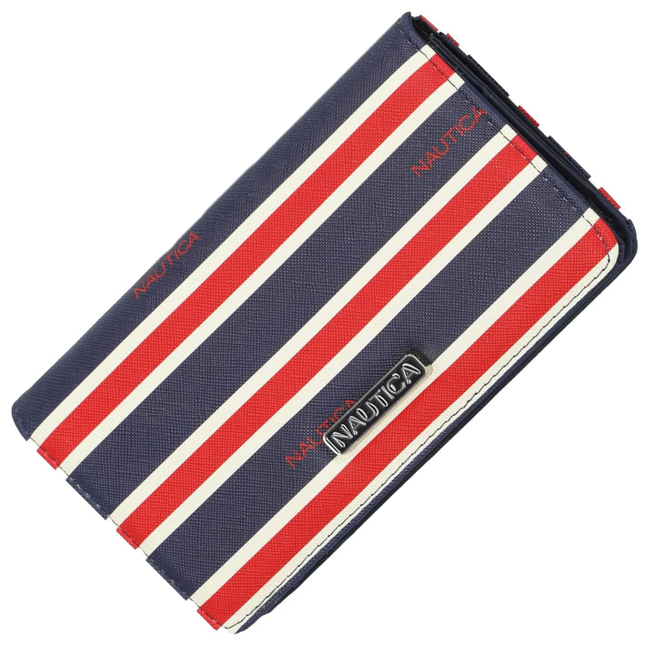 Nautica striped wallet with red, white, and blue colors on a white background
