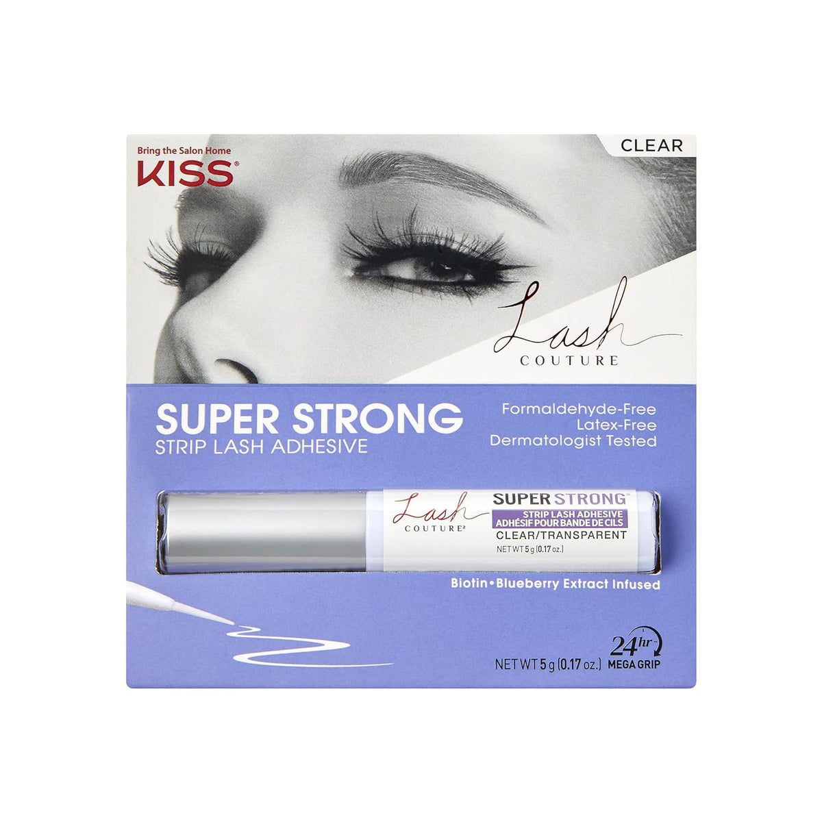 KISS Lash Couture Clear Strip Lash Adhesive with Biotin & Blueberry Extract, Latex-Free, Dermatologist Tested, Contact Lens Friendly, Strong Hold, Gentle Formula, with Brush Tip Applicator, 0.17 Oz. - 3alababak