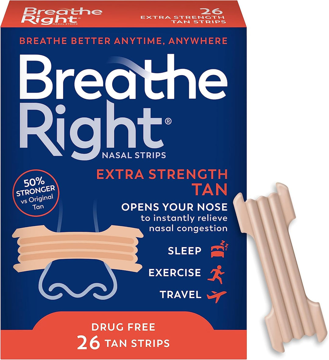 Breathe Right Nasal Strips, Extra Strength Tan Nose Strips, Drug-Free Nasal Congestion Relief for Better Breathing, Help Relieve Snoring, Caused by Colds &amp; Allergies, Deviated Septum, 26ct