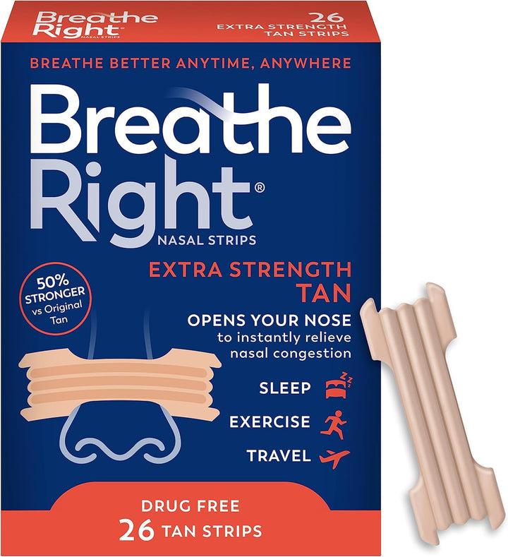 Breathe Right Nasal Strips, Extra Strength Tan Nose Strips, Drug-Free Nasal Congestion Relief for Better Breathing, Help Relieve Snoring, Caused by Colds &amp; Allergies, Deviated Septum, 26ct