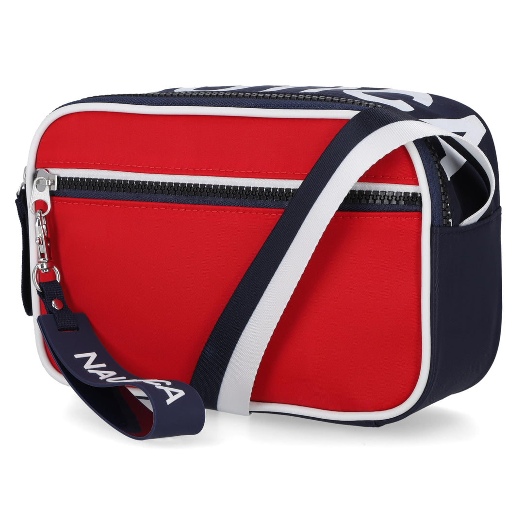 Red and navy bag with white accents on a white background