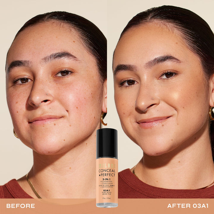 Milani Conceal + Perfect 2-in-1 Foundation + Concealer for a Flawless Complexion, Under Eye Corrector, Cover Redness and Imperfections, Waterproof and Sweatproof