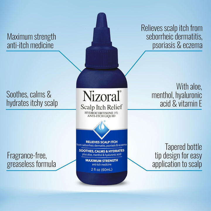 Nizoral Scalp Itch Relief Liquid—Relieves Scalp Itch and Soothes, Calms and Hydrates with Maximum Strength Anti-Itch Medicine (Hydrocortisone 1%), 2 Fl Oz