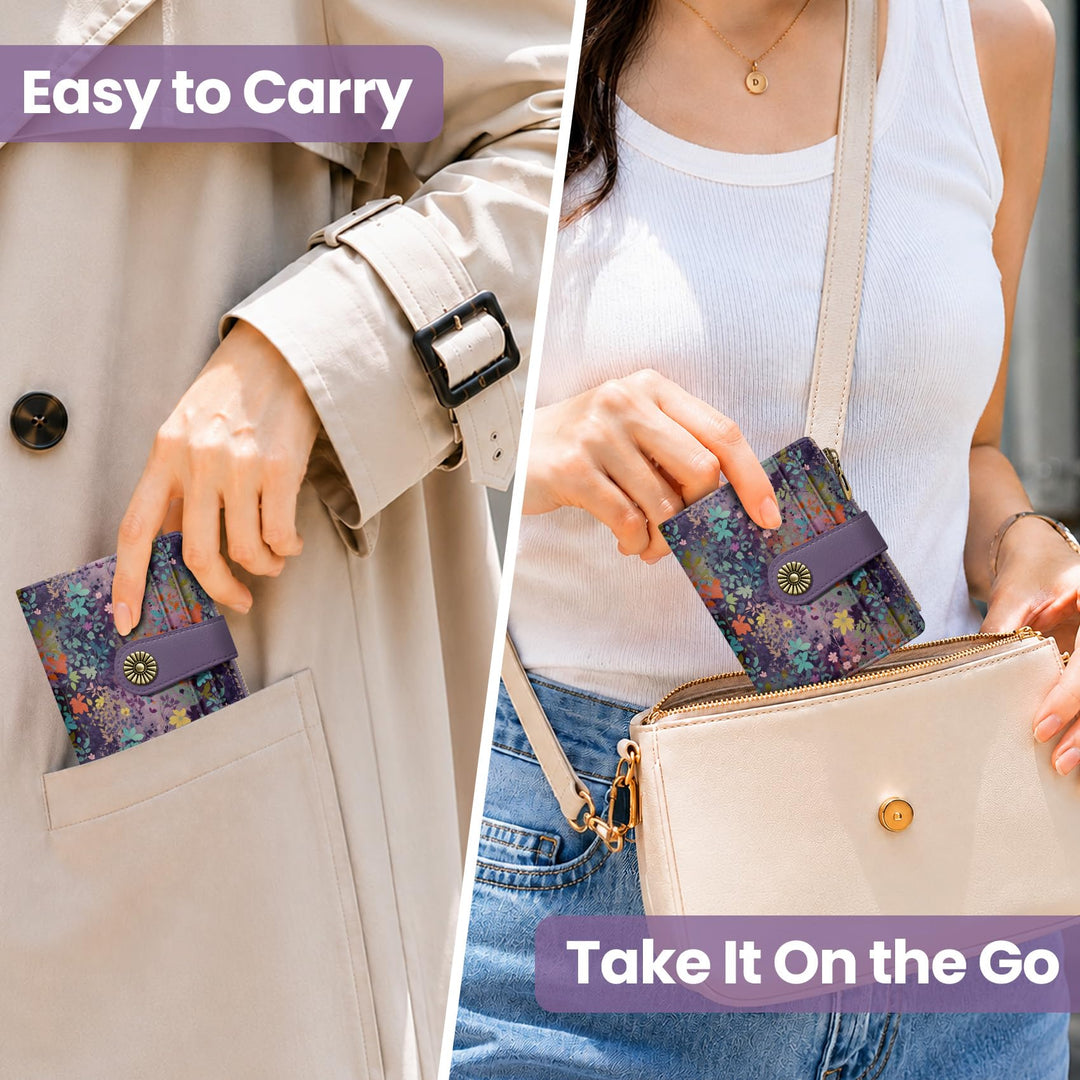 محفظة ألونيد الصغيرة للنساء، محفظة بطاقات ثنائية الطي لطيفة ومحمية من تقنية RFID، تحتوي على 10 فتحات للبطاقات، ومقصورة للنقود، وجيب بسحاب للعملات المعدنية، ونافذة للهوية، بحجم مدمج ومصنوعة من جلد نباتي ناعم