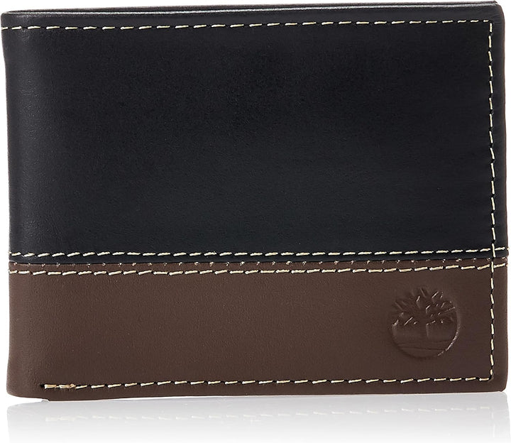 Timberland D67001/77 mens Leather Passcase Trifold Wallet Hybrid, Black/Cognac