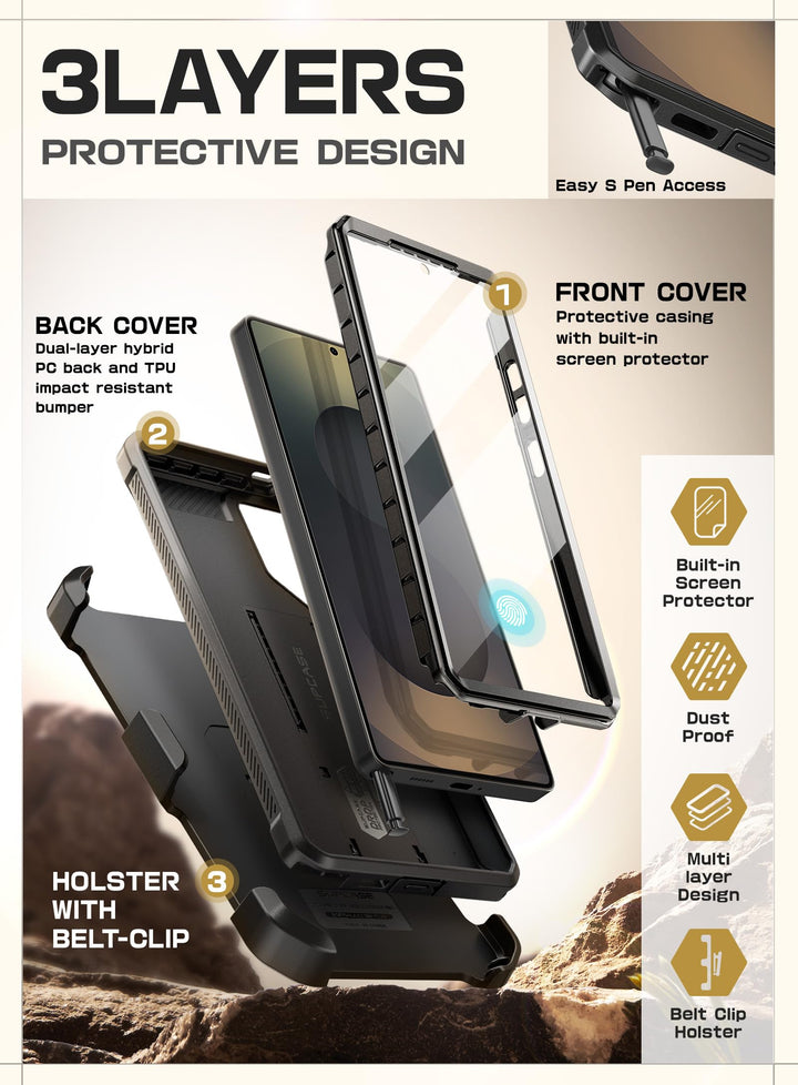 SUPCASE for Samsung Galaxy S25 Ultra Case with Stand (Unicorn Beetle Pro), [2 Front Frames] [Built-in Screen Protector & Belt-Clip] Military-Grade Protection Phone Case for S25 Ultra 6.9 Inch, Black