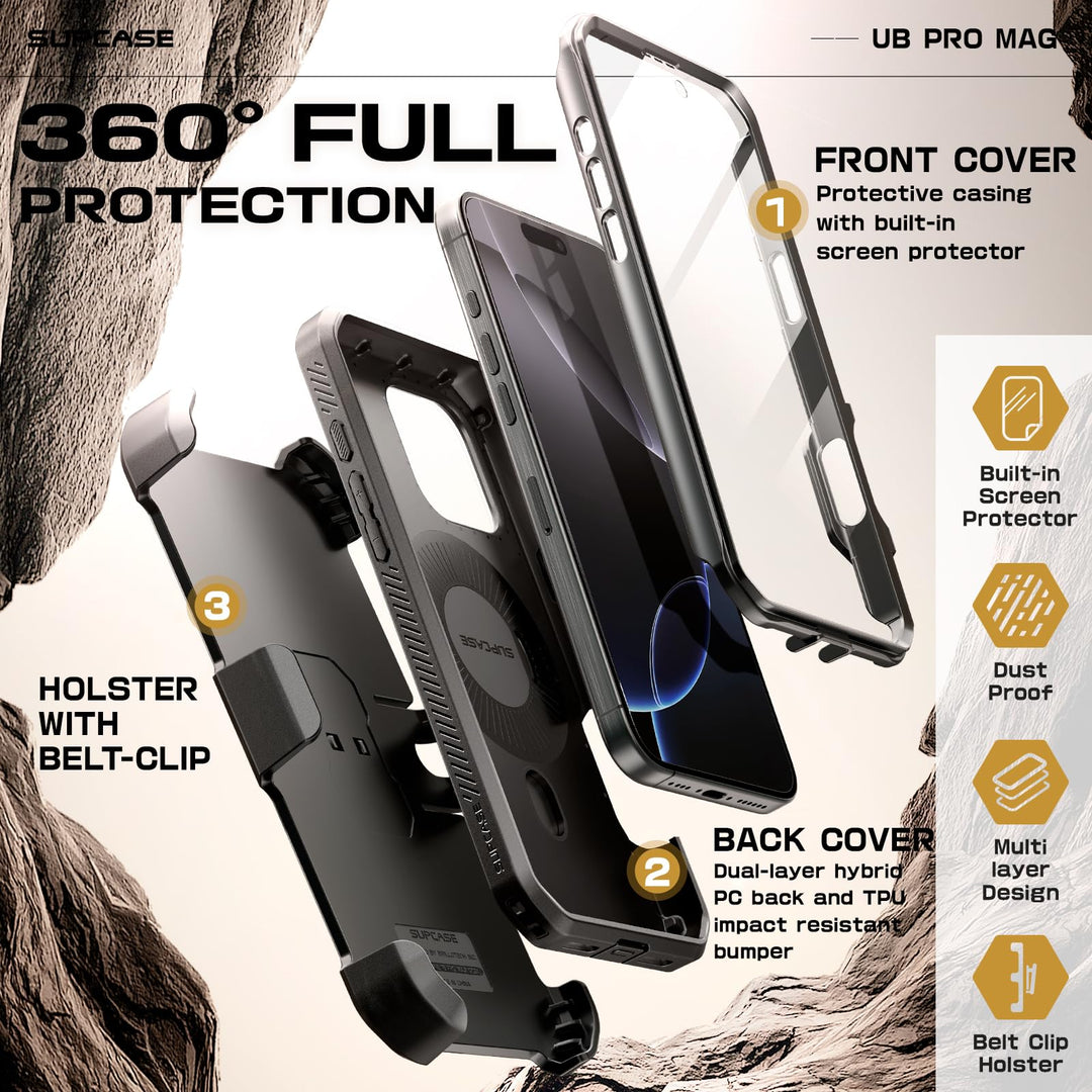 SUPCASE for iPhone 16 Pro Max Case with Stand (UBPro Mag), [Support MagSafe] [Built-in Screen Protector & Belt Clip] [Military-Grade Protection] Magnetic Phone Case for iPhone 16 Pro Max 6.9''