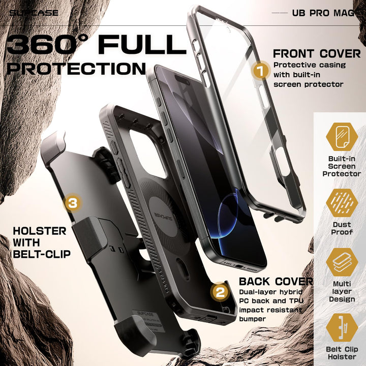 SUPCASE for iPhone 16 Pro Max Case with Stand (UBPro Mag), [Support MagSafe] [Built-in Screen Protector & Belt Clip] [Military-Grade Protection] Magnetic Phone Case for iPhone 16 Pro Max 6.9''