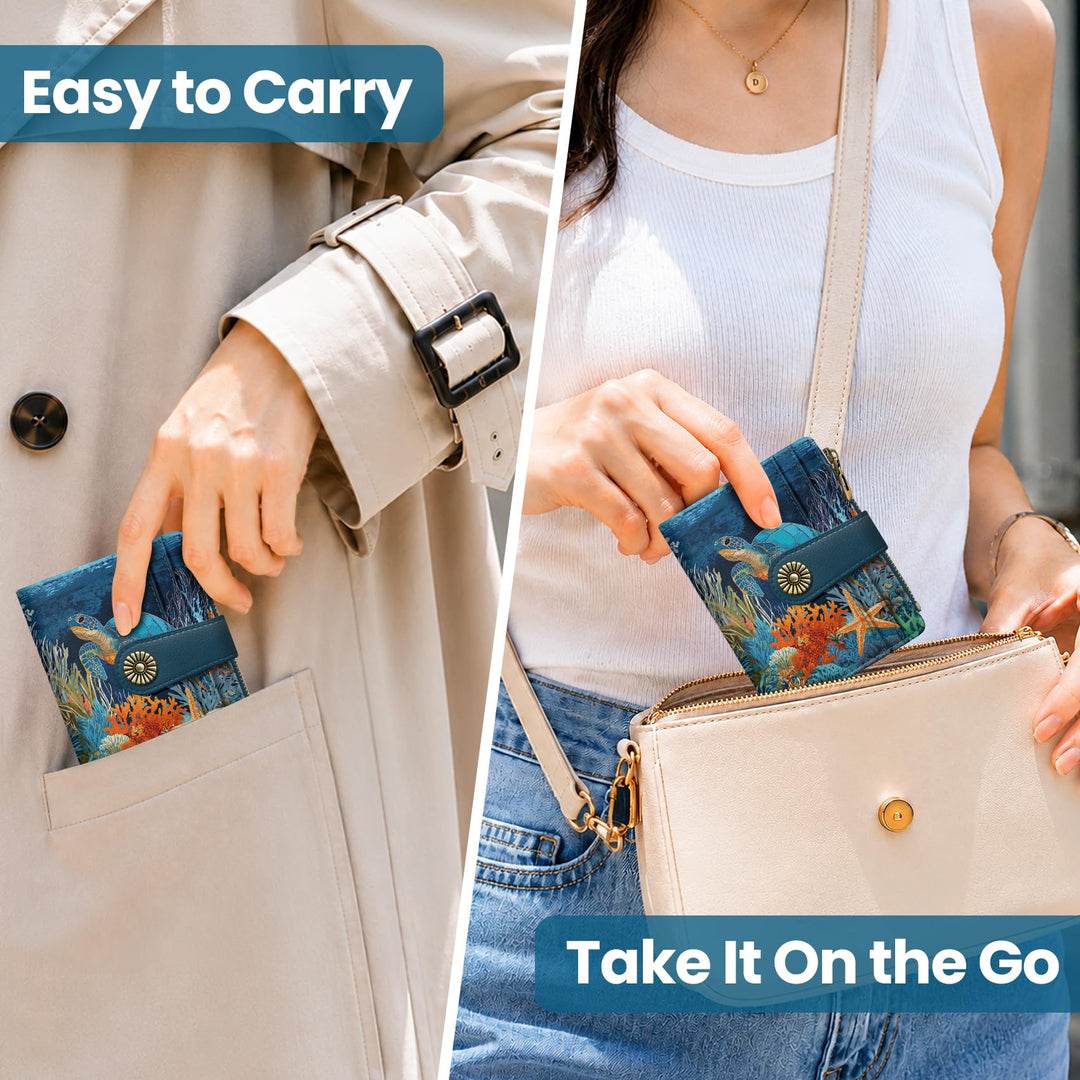محفظة ألونيد الصغيرة للنساء، محفظة بطاقات ثنائية الطي لطيفة ومحمية من تقنية RFID، تحتوي على 10 فتحات للبطاقات، ومقصورة للنقود، وجيب بسحاب للعملات المعدنية، ونافذة للهوية، بحجم مدمج ومصنوعة من جلد نباتي ناعم