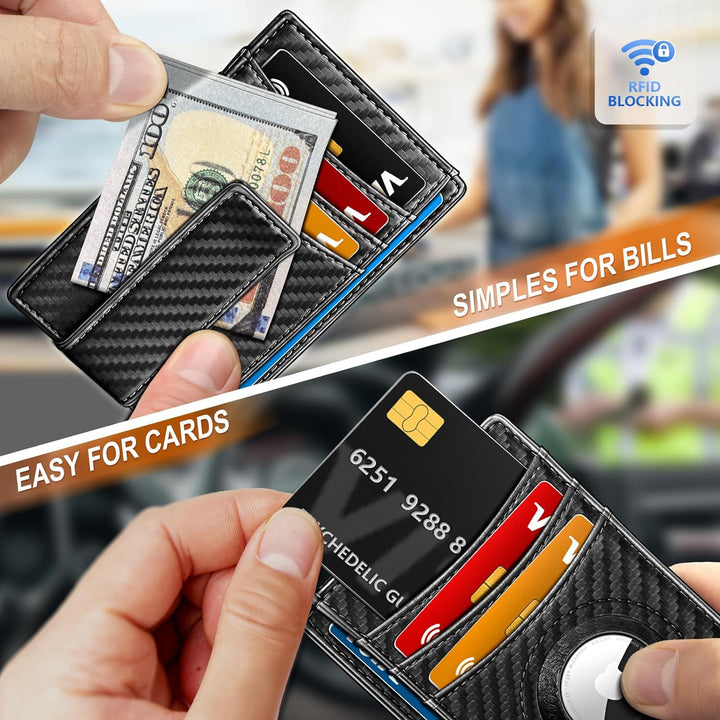 BULLIANT Men Wallet, Slim Leather Wallet Money Clip Credit Card Holders & Airtag 8 cards - Black3855