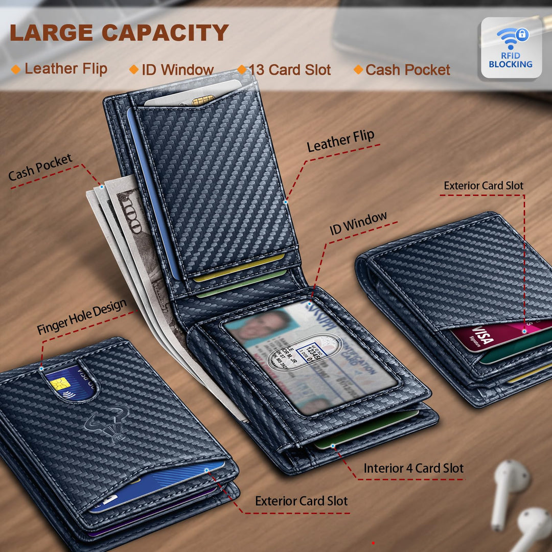 BULLIANT Men Wallet, Slim Leather Wallet Front Pocket Card Holder Gift For Men 11 Slots RFID Blocking