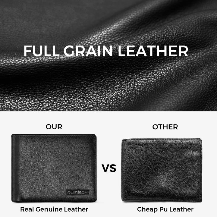 RUNBOX Wallet for Men Leather RFID Blocking Bifold Front Pocket Wallet Genuine Leather,Slim,12 Card Slots,2 ID Windows,2 Money Pockets, Gift for Men,Compact Travel Business Passport