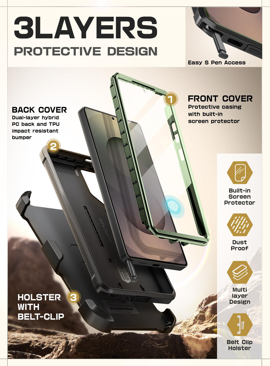 SUPCASE for Samsung Galaxy S25 Ultra Case with Stand (Unicorn Beetle Pro), [2 Front Frames] [Built-in Screen Protector & Belt-Clip] Military-Grade Protection Phone Case for S25 Ultra 6.9 Inch, Black