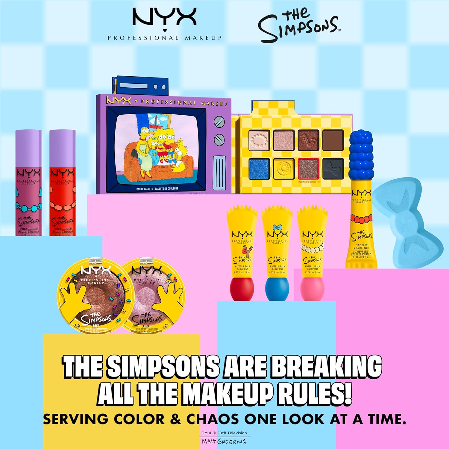 NYX Professional Makeup and The Simpsons makeup collection on a colorful background