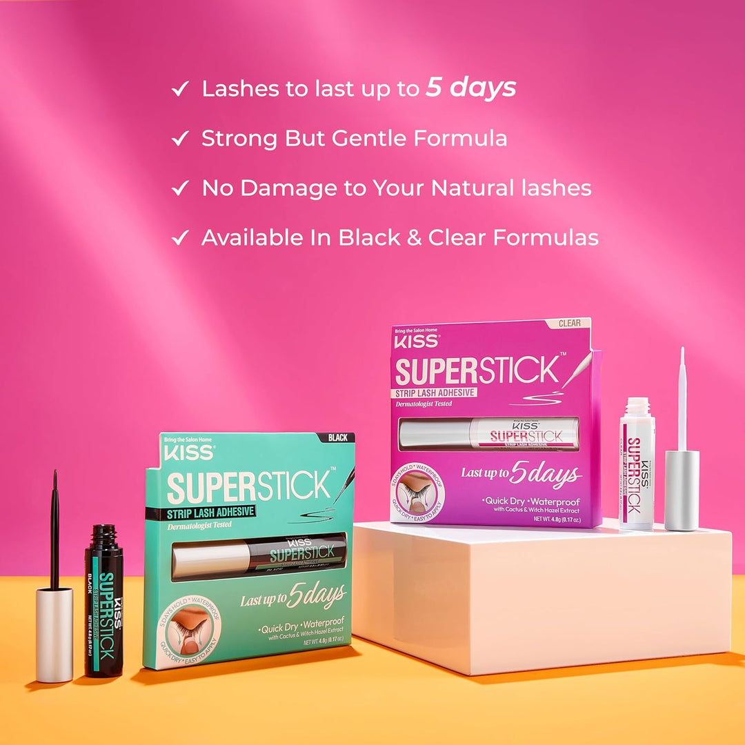 KISS Super Stick 5-Day Extended Wear Strip Lash Adhesive, Quick Drying Lash Glue, Witch Hazel & Cactus Extract Infused, Brush Applicator, Net Wt. 4.8g (0.17 oz.), Black