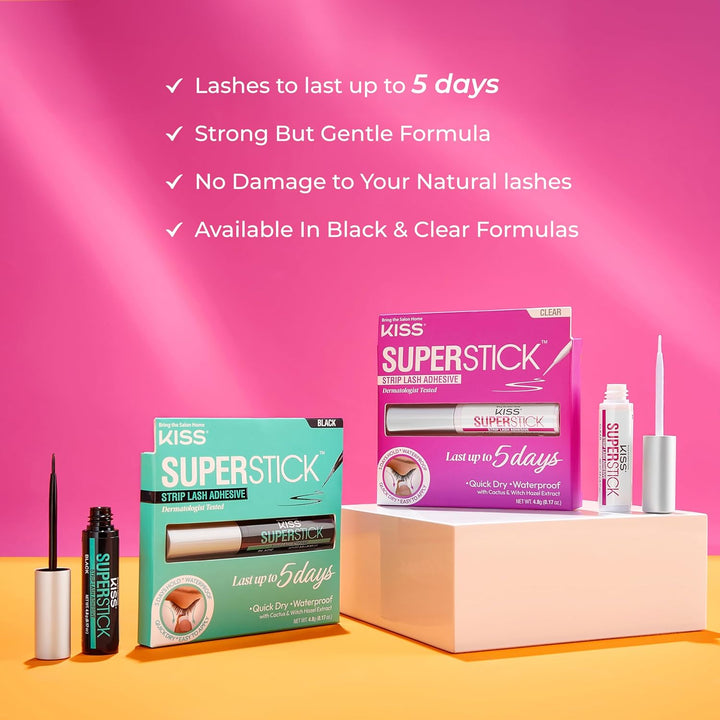 KISS Super Stick 5-Day Extended Wear Strip Lash Adhesive, Quick Drying Lash Glue, Witch Hazel & Cactus Extract Infused, Brush Applicator, Net Wt. 4.8g (0.17 oz.), Black