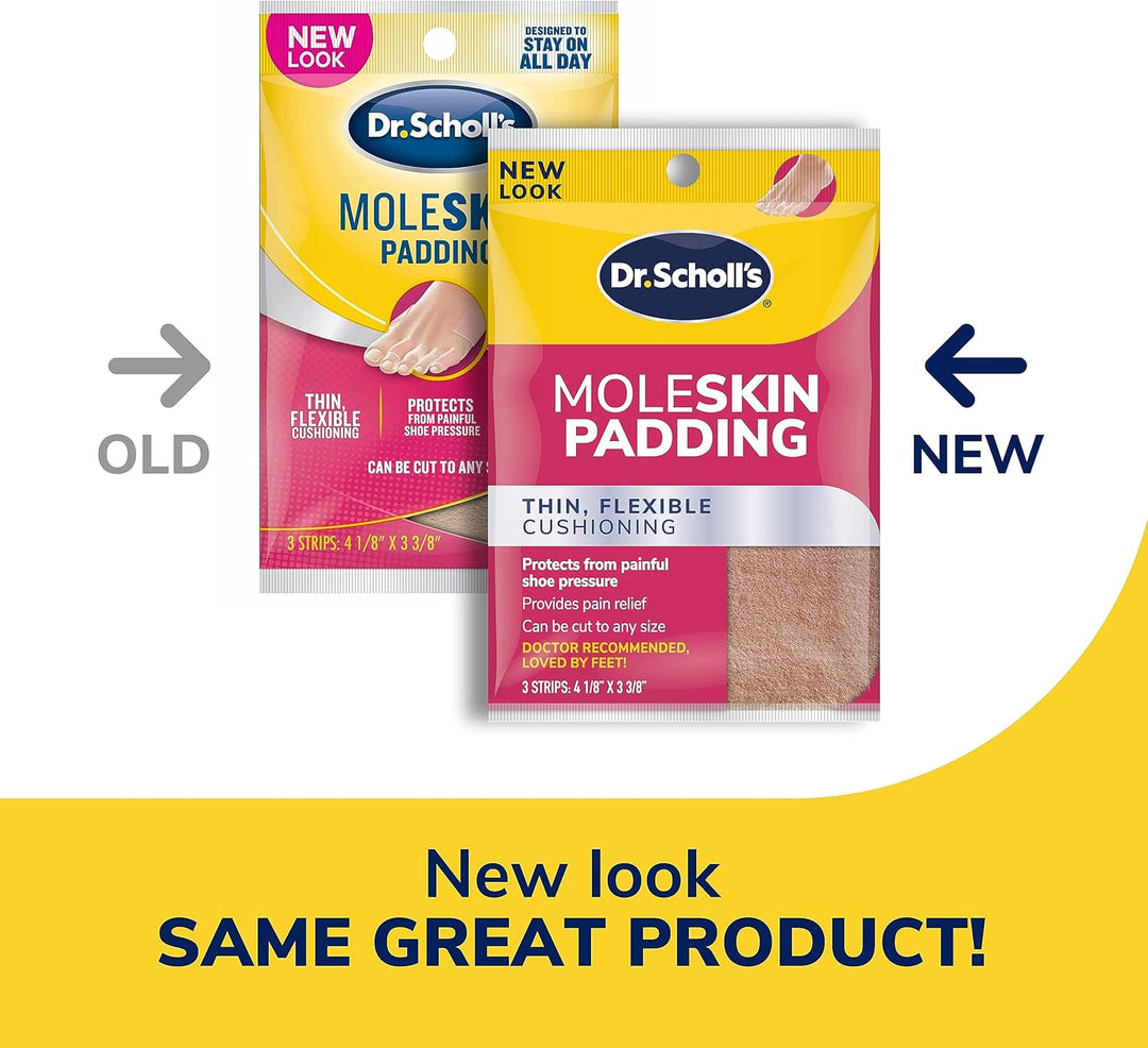 Dr. Scholl's Moleskin Padding Strips, 3 Strips // Thin, Flexible Cushioning & Pain Relief - Cut to Any Size - Doctor Recommended - Strip Size 4 1/8 Inches X 3 3/8 Inches