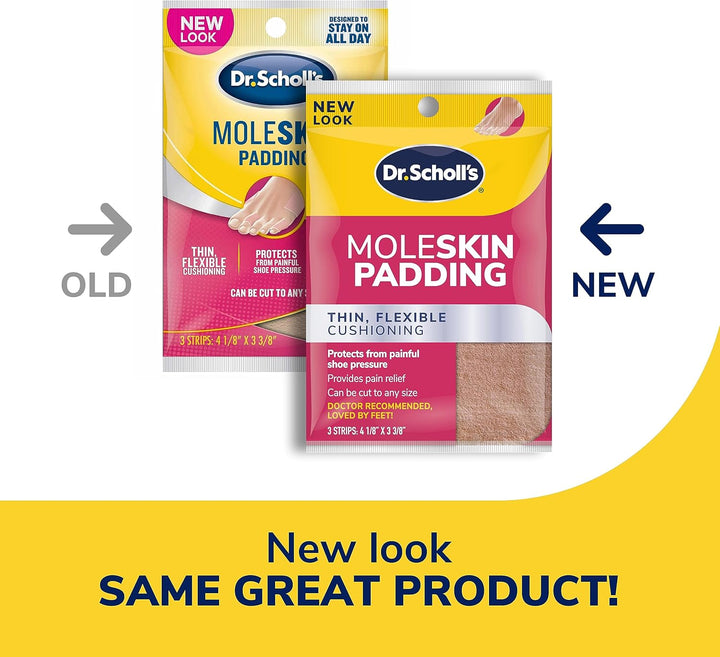 Dr. Scholl's Moleskin Padding Strips, 3 Strips // Thin, Flexible Cushioning & Pain Relief - Cut to Any Size - Doctor Recommended - Strip Size 4 1/8 Inches X 3 3/8 Inches