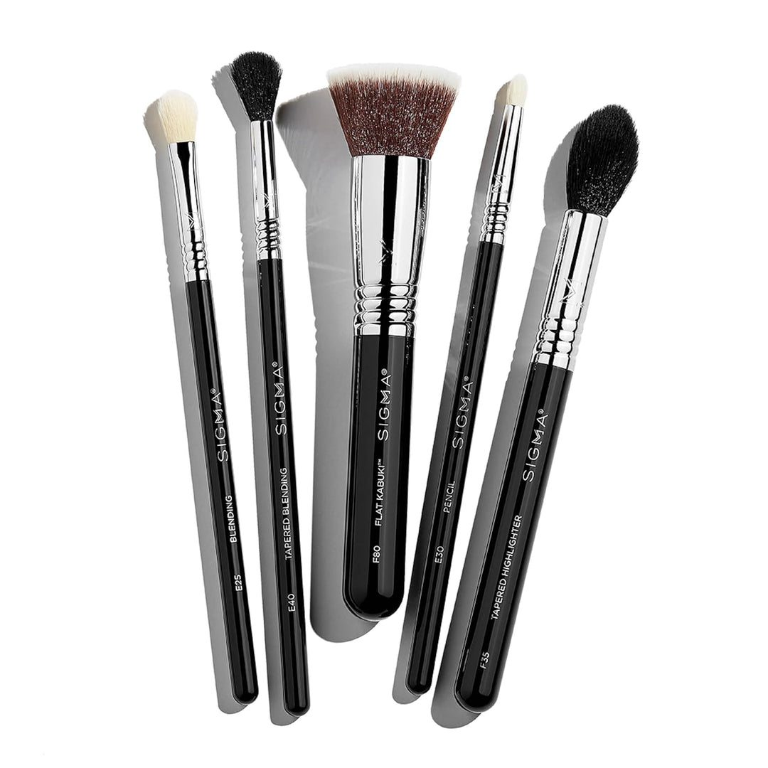 Sigma Beauty Most-Wanted Brush Set - 5-Pc Premium Face &amp; Eye Makeup Brushes SigmaTech Synthetic Fibers With Waterproof Handles For Liquid, Cream and Powder Application Plus Durable SigmaAlloy Ferrules