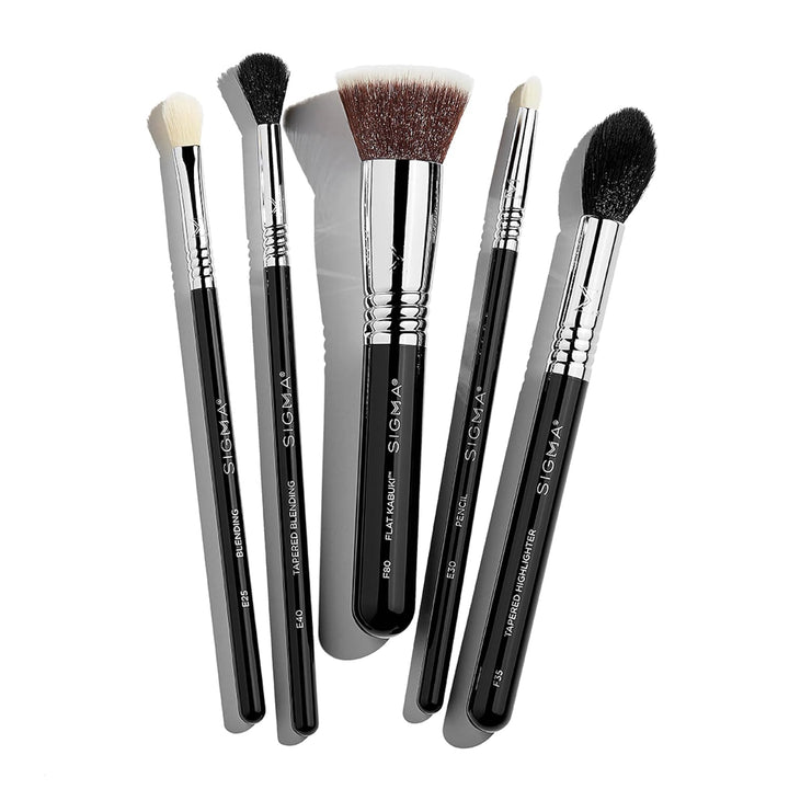Sigma Beauty Most-Wanted Brush Set - 5-Pc Premium Face &amp; Eye Makeup Brushes SigmaTech Synthetic Fibers With Waterproof Handles For Liquid, Cream and Powder Application Plus Durable SigmaAlloy Ferrules