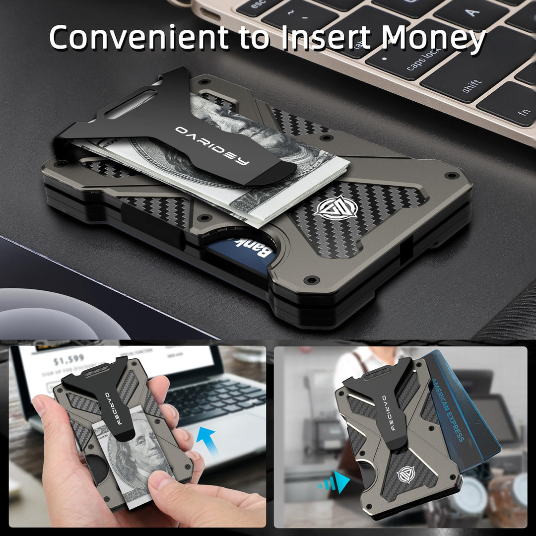 Oaridey Minimalist Wallet for Men- Slim Aluminum Metal Money Clip with Clear ID Card Holder, RFID Blocking, Holds up 15 Cards with Cash Clip, Ultra-Thin Tactical Carbon Fiber