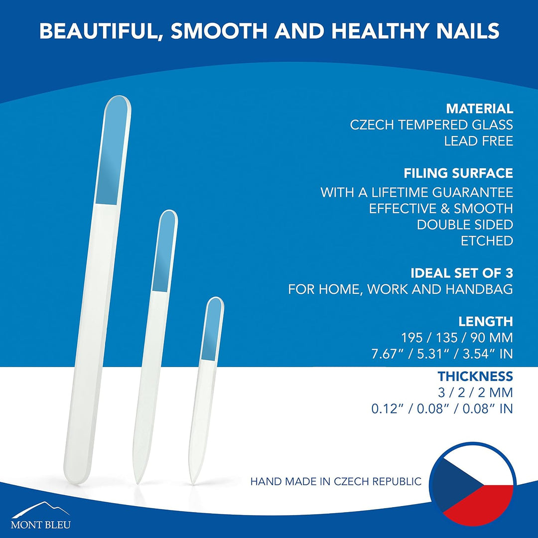 Mont Bleu Glass Nail File - Mont Bleu Premium Set of 3 Crystal Nail Files in Pouch - Handmade Gifts - Best Glass Nail Files for Natural Nails - Washable Double Sided Nail File - Etched Nail Files
