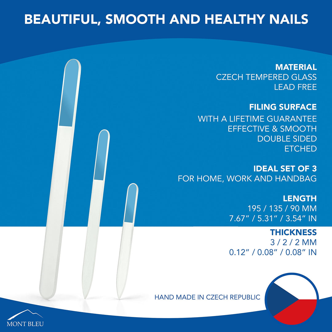 Mont Bleu Glass Nail File - Mont Bleu Premium Set of 3 Crystal Nail Files in Pouch - Handmade Gifts - Best Glass Nail Files for Natural Nails - Washable Double Sided Nail File - Etched Nail Files