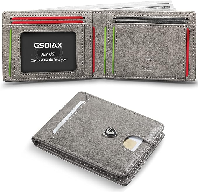 GSOIAX Mens Slim Wallet RFID Blocking Bifold Carbon Fiber Thin wallets for men Minimalist Genuine Leather Card Holder Money Clip with Gift Box