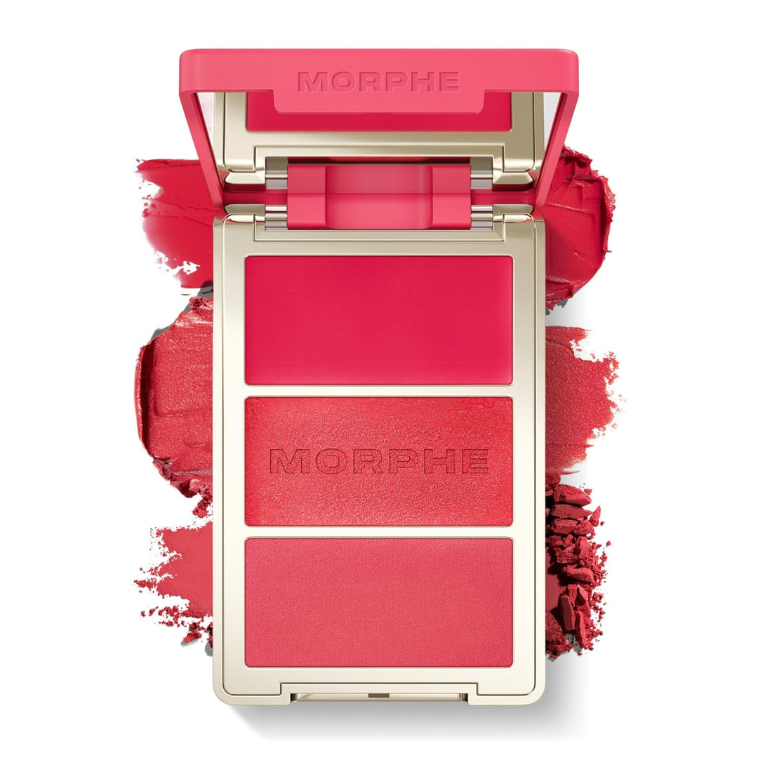 Morphe Cheek Thrills Multi-Finish Face Trio - Blush for Cheeks with Cream, Balm, and Powder Finishes - Buildable Monochromatic Face Palette for Glow and Dimension