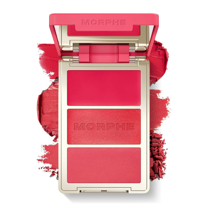 Morphe Cheek Thrills Multi-Finish Face Trio - Blush for Cheeks with Cream, Balm, and Powder Finishes - Buildable Monochromatic Face Palette for Glow and Dimension