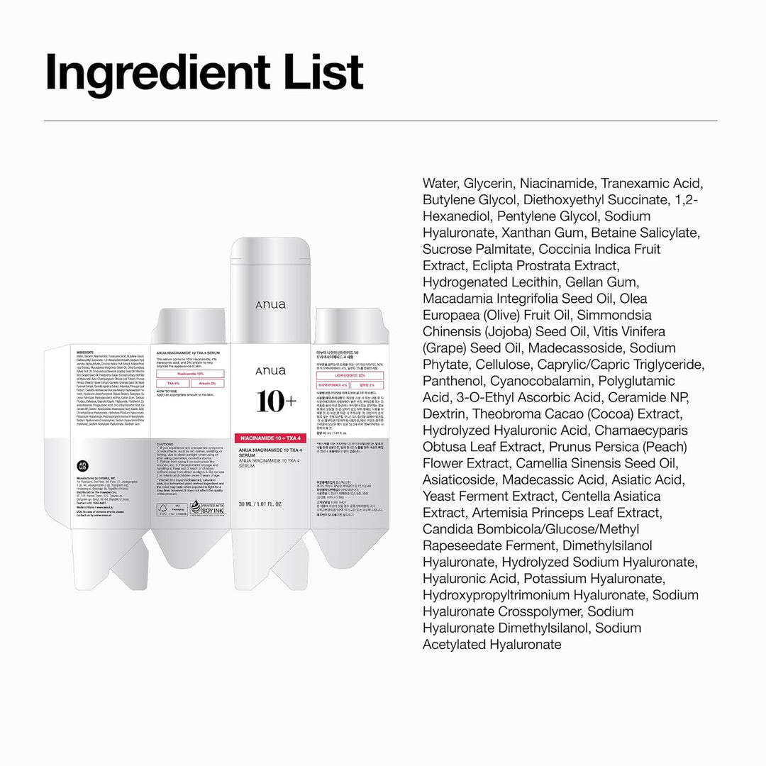 Anua Niacinamide 10 + TXA 4 Serum, Dark Spot Care, Hyaluronic Acid, Tranexamic Acid, Lightweight &amp; Hydrating All-in-One Daily Facial Serum for Glass Skin, Korean Skincare, 1.01 fl.oz