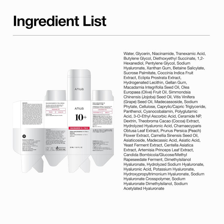 Anua Niacinamide 10 + TXA 4 Serum, Dark Spot Care, Hyaluronic Acid, Tranexamic Acid, Lightweight &amp; Hydrating All-in-One Daily Facial Serum for Glass Skin, Korean Skincare, 1.01 fl.oz