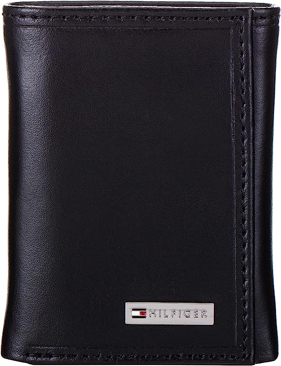 Tommy Hilfiger Men's Genuine Leather Slim Trifold Wallet with ID Window - Fordham Black - 3alababak