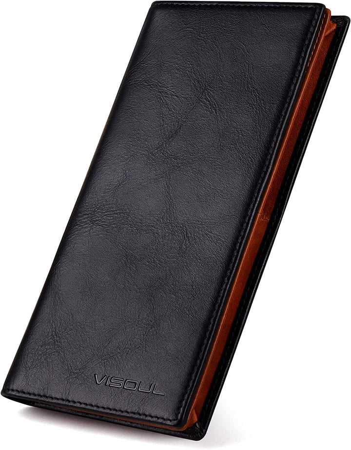 VISOUL Men's Leather Long Bifold Checkbook Wallets with RFID Blocking, Contrast Colors Breast Pocket Tall Billfold Secretary Wallet for Men with Card Slots (Black and Orange) - 3alababak