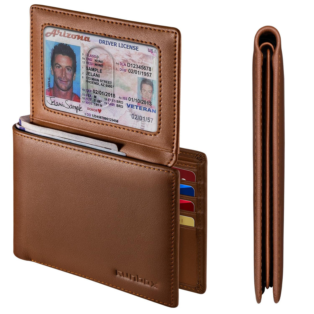 RUNBOX Wallet for Men Leather RFID Blocking Bifold Front Pocket Wallet Genuine Leather,Slim,12 Card Slots,2 ID Windows,2 Money Pockets, Gift for Men,Compact Travel Business Passport