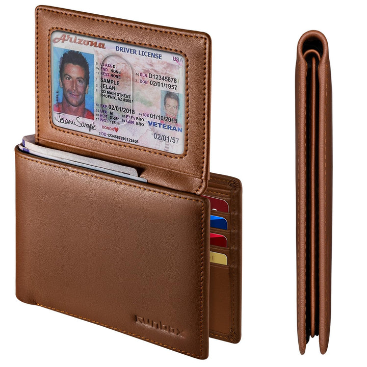 RUNBOX Wallet for Men Leather RFID Blocking Bifold Front Pocket Wallet Genuine Leather,Slim,12 Card Slots,2 ID Windows,2 Money Pockets, Gift for Men,Compact Travel Business Passport