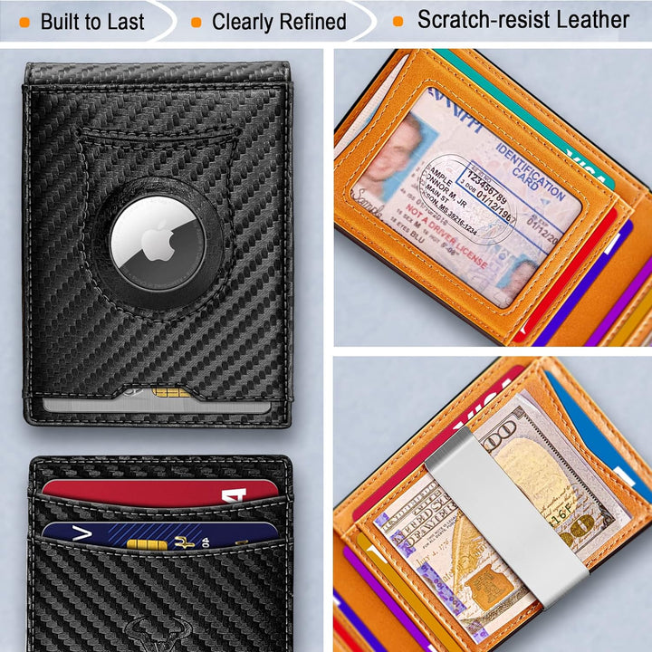 BULLIANT Men Wallet,Slim Leather Wallet RFID Blocken for Men Standard & Airtag Use 11Cards - Carbon Fiber Black & Orange