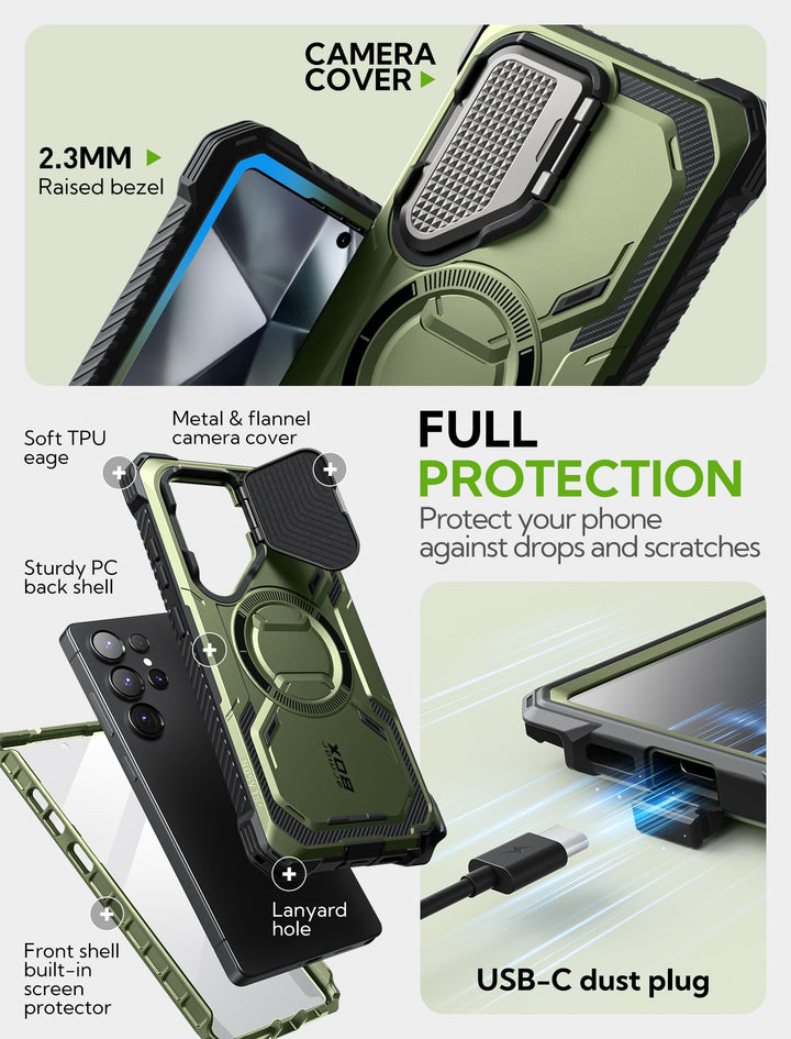 i-Blason Armorbox for Samsung Galaxy S25 Case MagSafe with Camera Cover Stand [Military Protection] Full-Body Heavy Duty Magnetic Phone Case with Screen Protector for S25