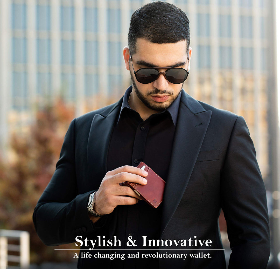 محفظة بمشبك نقود من SERMAN BRANDS - محفظة رجالية نحيفة للجيب الأمامي، حامل بطاقات بحماية RFID، محفظة ثنائية الطي صغيرة ومبسطة