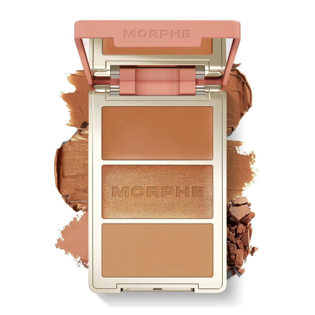 Morphe Cheek Thrills Multi-Finish Face Trio - Blush for Cheeks with Cream, Balm, and Powder Finishes - Buildable Monochromatic Face Palette for Glow and Dimension