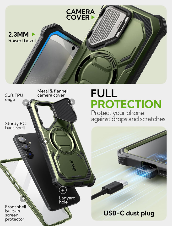 i-Blason Armorbox for Samsung Galaxy S25 Case MagSafe with Camera Cover Stand [Military Protection] Full-Body Heavy Duty Magnetic Phone Case with Screen Protector for S25